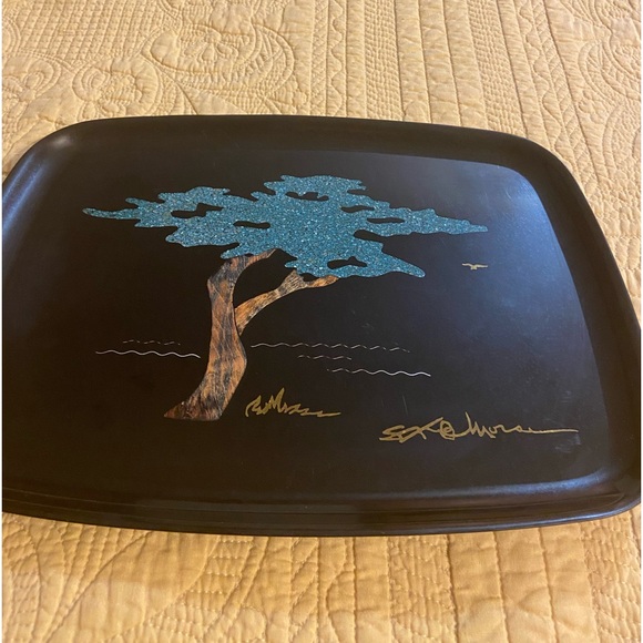 COUROC of MONTEREY Ca. Signed Morse CYPRESS Tree INLAID WOOD Tray 8.5”x12” - Picture 2 of 7